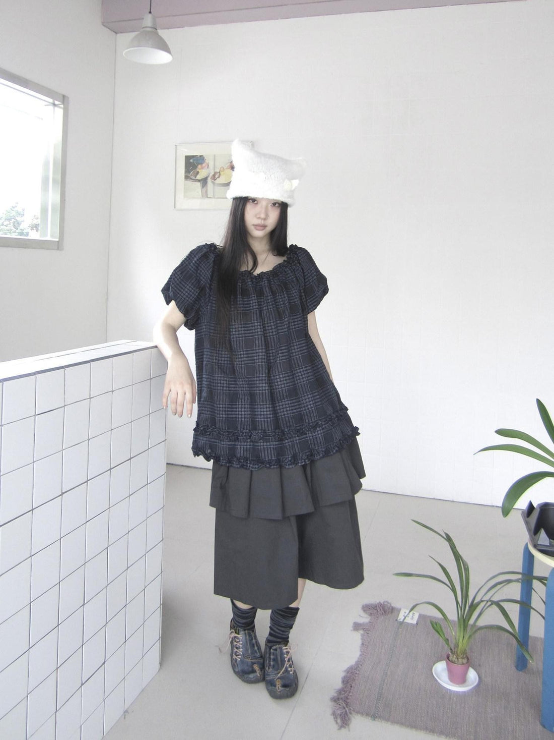 ang project Navy Plaid Lace Trim Ruffle Edge Puff Sleeve Women&