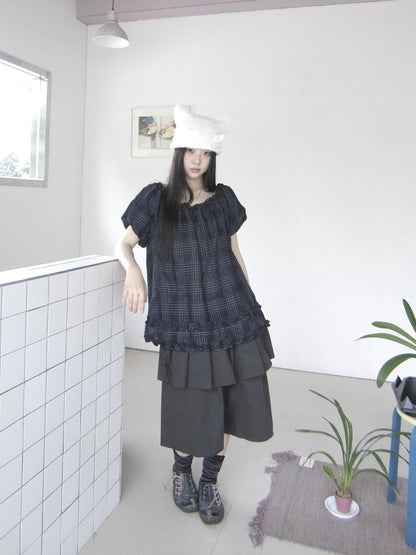 ang project Navy Plaid Lace Trim Ruffle Edge Puff Sleeve Women&
