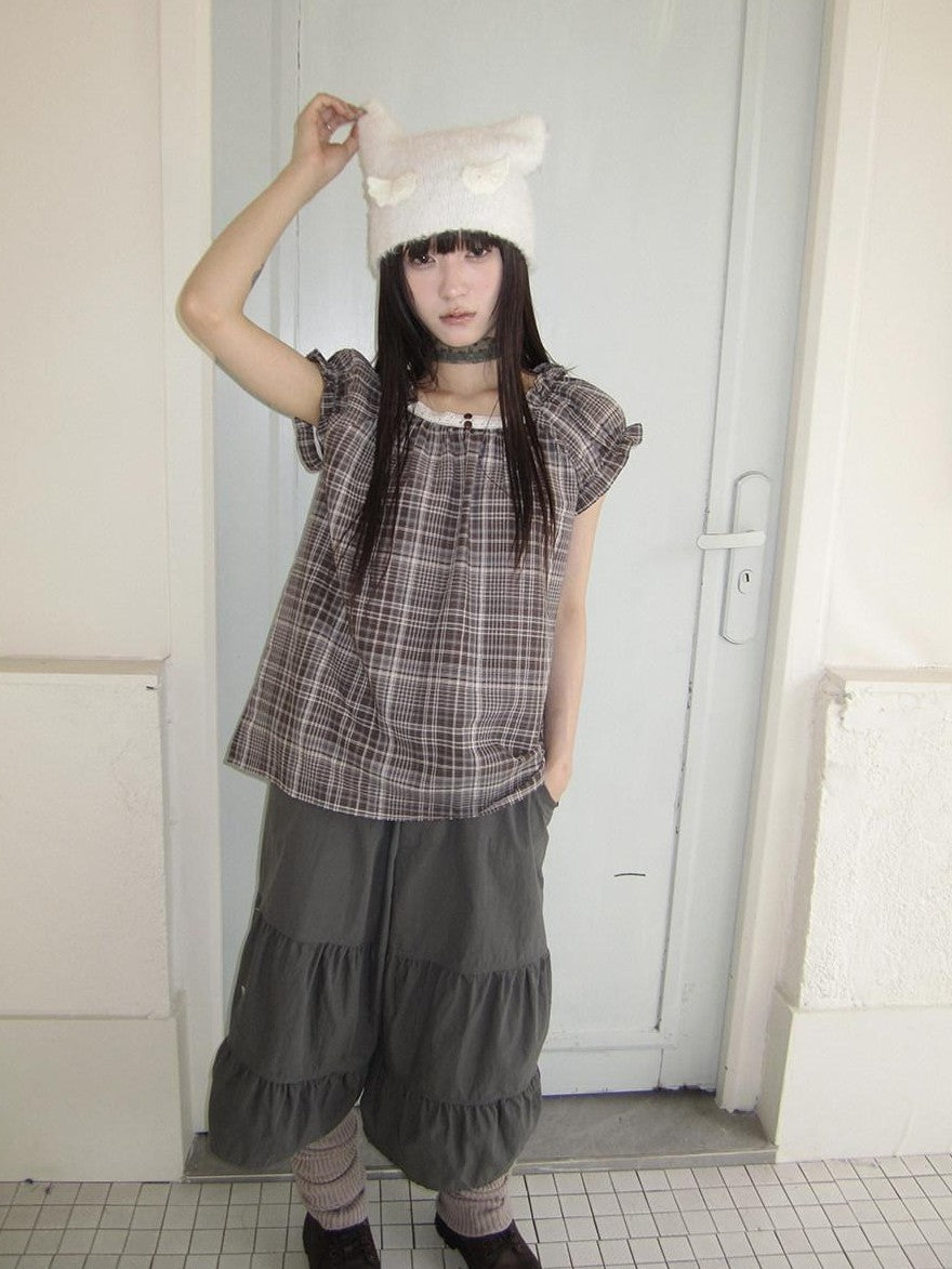 ang project Brown Plaid Patchwork Lace Trim Puff Sleeve Women&