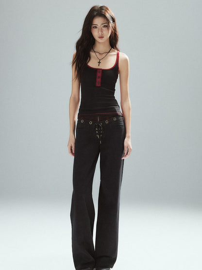 Low pixel Pure Cotton Patchwork Low Waist Street Zipper Women Colorblock Straight Pants