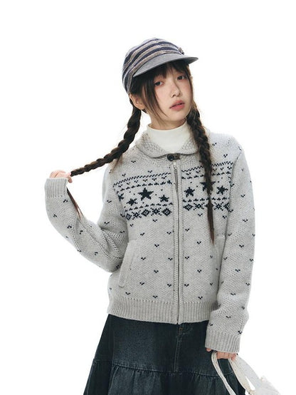 NAPSNAPS Vintage Fair Isle Star Knit Turndown Collar Women&