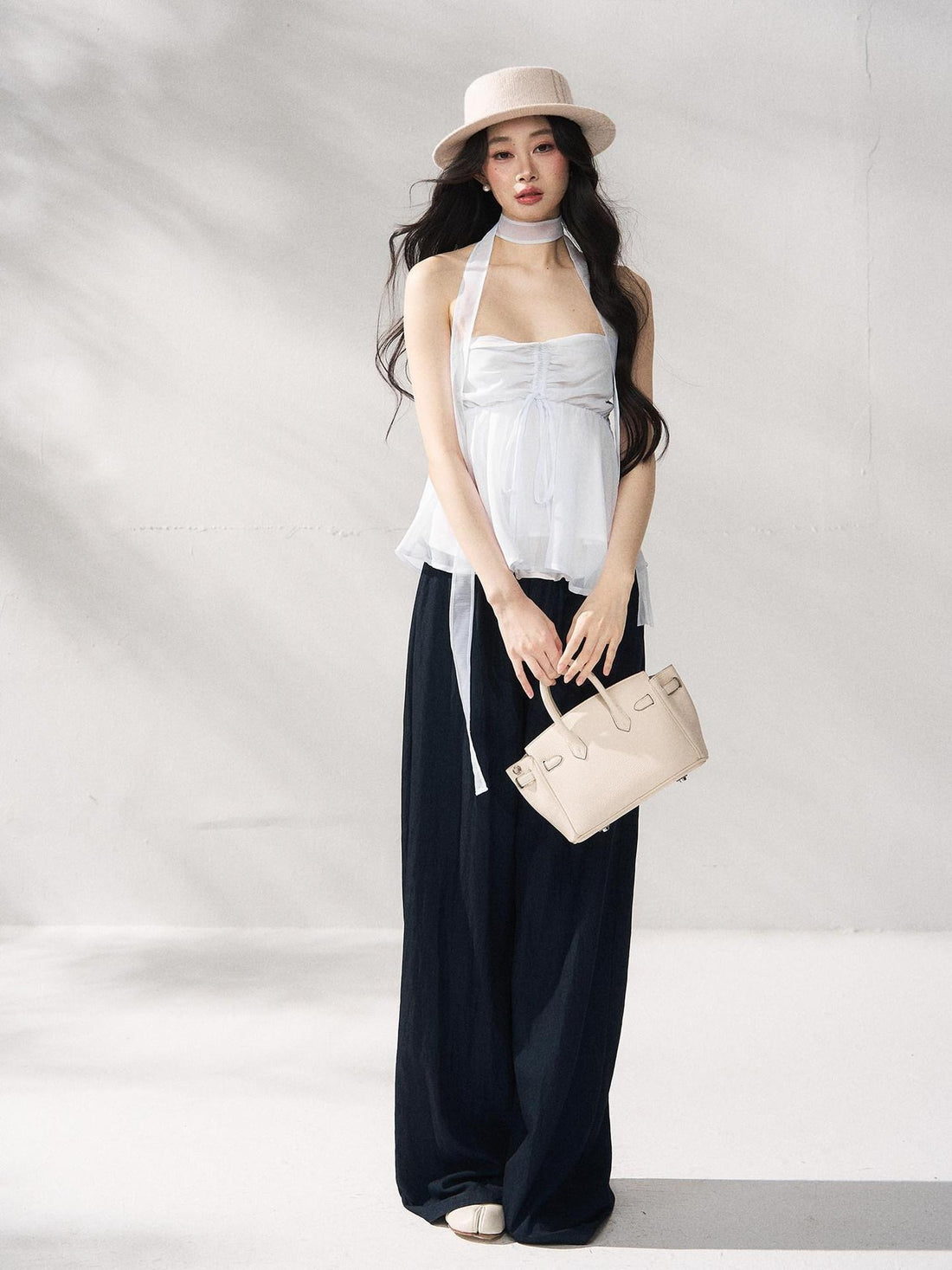 7Shiftin Nylon Cotton Blend Relaxed Natural Waist Women Solid Navy Wide Leg Pants