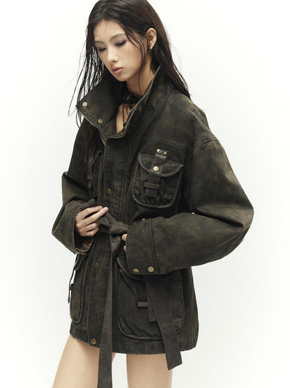 Low pixel Insulated Utility Slim Multi Pocket Stand Collar Women Cropped Jackets