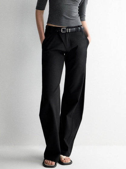 RUN TO THE FUTURE Soft Stretch Low Rise Minimal Loose Curved Tapered Women Classic Black Chinos