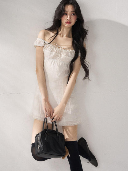 7Shiftin Cinched Tie Waist Minimalist Sleeveless A Line Women White Mini Dresses
