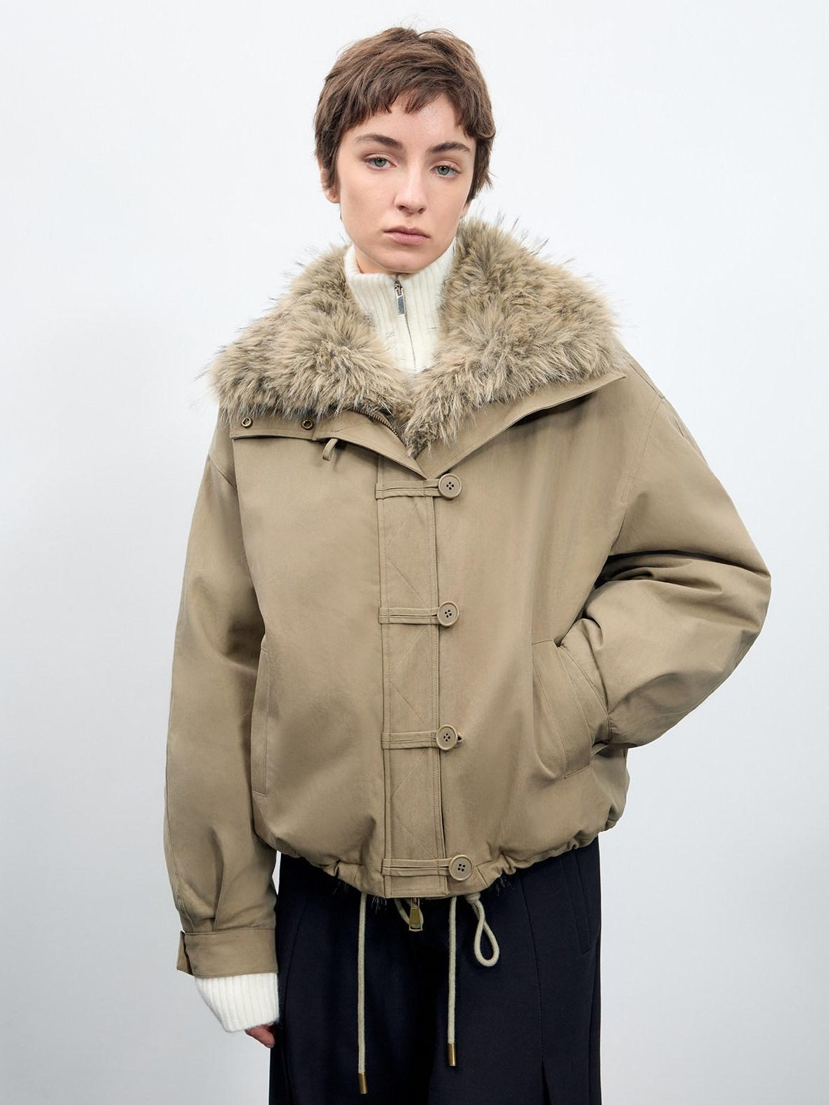 RUN TO THE FUTURE Thick Cotton Fill Fur Collar Loose Fit Commuter Solid Zip Puffer Jackets