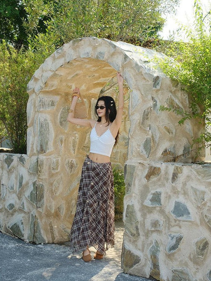 FU FRESH UP Vintage Plaid Print Irregular A Line High Waist Women&