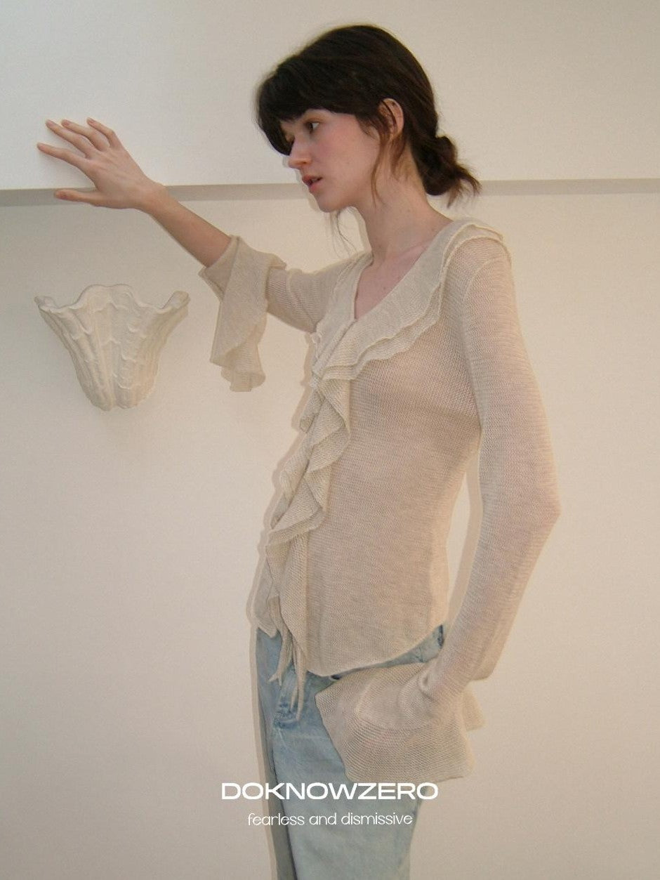 DKZ OFFICIAL Irregular Ruffle Tie V-neck Sheer Knitted Women&