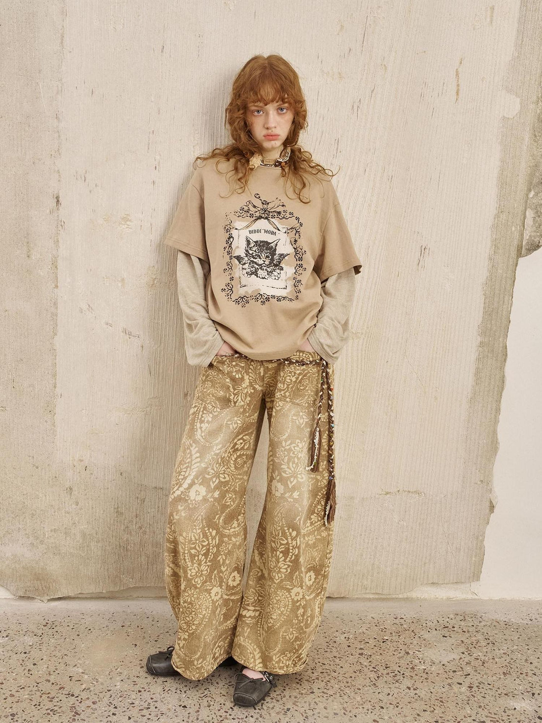 DIDDI MODA Angel Kitten Print Faux Layered Loose Women&