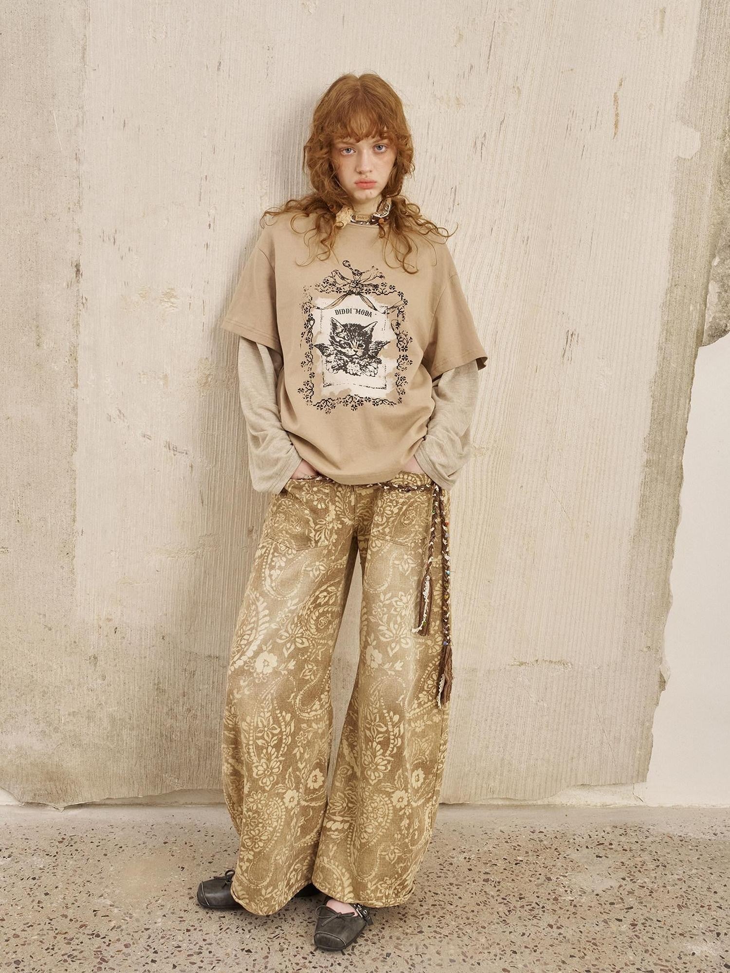 DIDDI MODA Angel Kitten Print Faux Layered Loose Women&