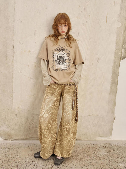 DIDDI MODA Angel Kitten Print Faux Layered Loose Women&