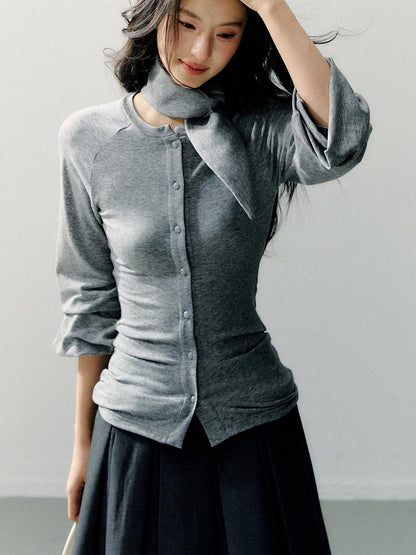 7Shiftin Cinch Waist Cotton Slim Casual Round Neck Three Quarter Sleeve Women Cardigans
