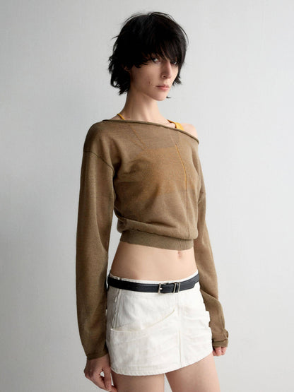 RUN TO THE FUTURE Lyocell Wool Blend Reversible Loose Cropped Boat Neck Knit Long Sleeve T-Shirts