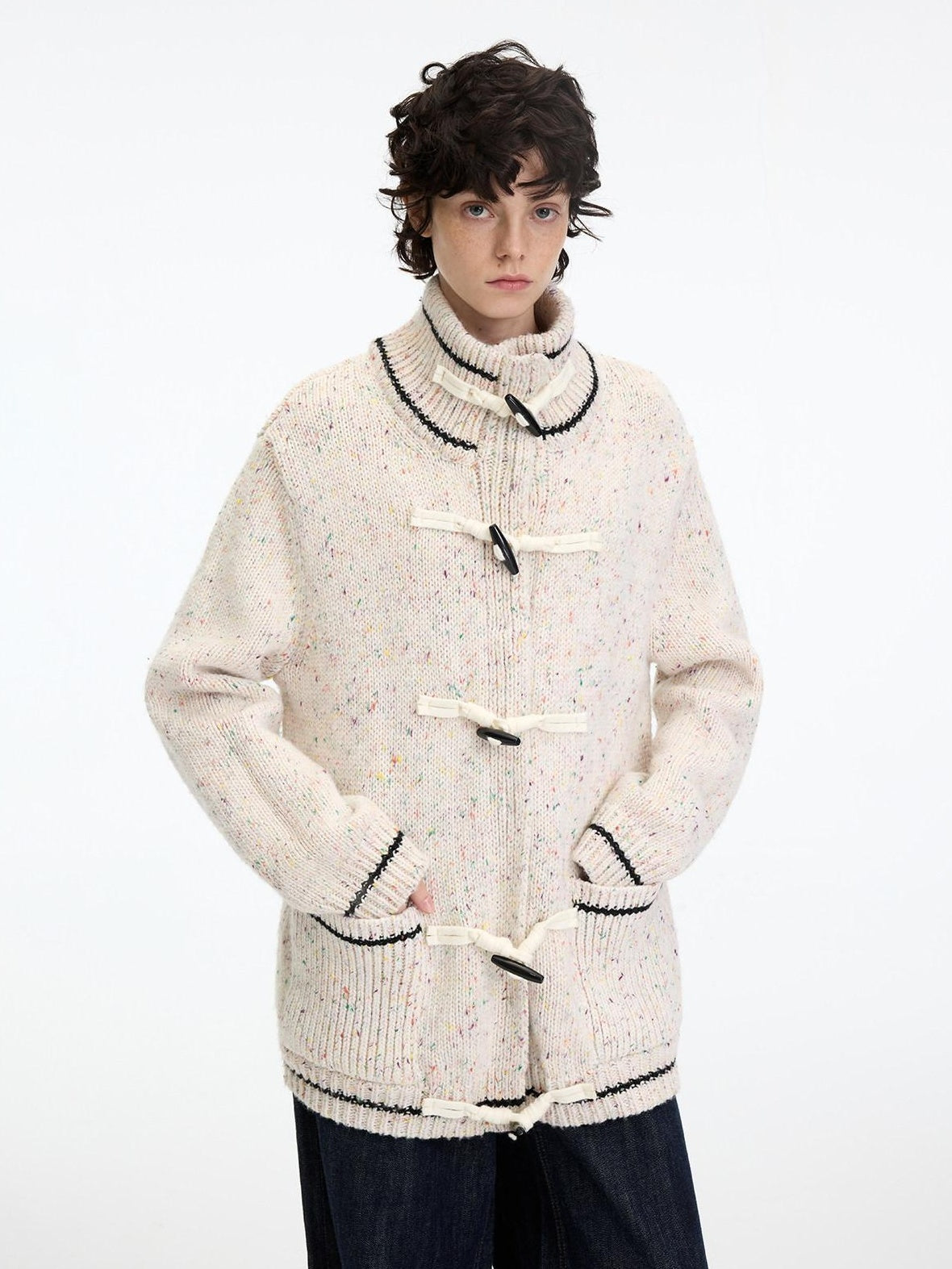 RUN TO THE FUTURE Viscose Wool Blend Button Cardigan Stand Collar Loose Fit Women Apricot Sweaters