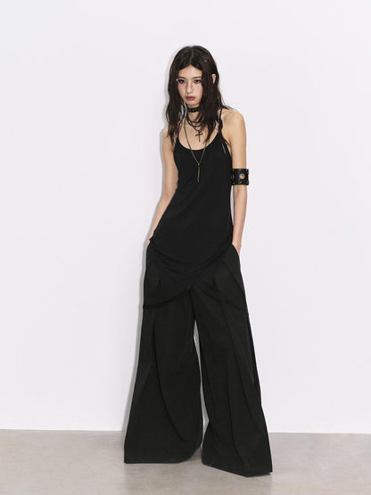 Low pixel Soft Bamboo Fiber Stretch Spaghetti Strap Pullover Black Midi Dresses