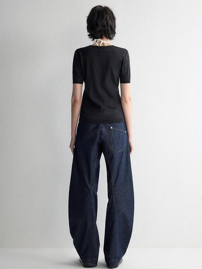 RUN TO THE FUTURE Durable Dark Cotton Denim Casual Oversized Natural Waist Ladies Wide-Leg Jeans