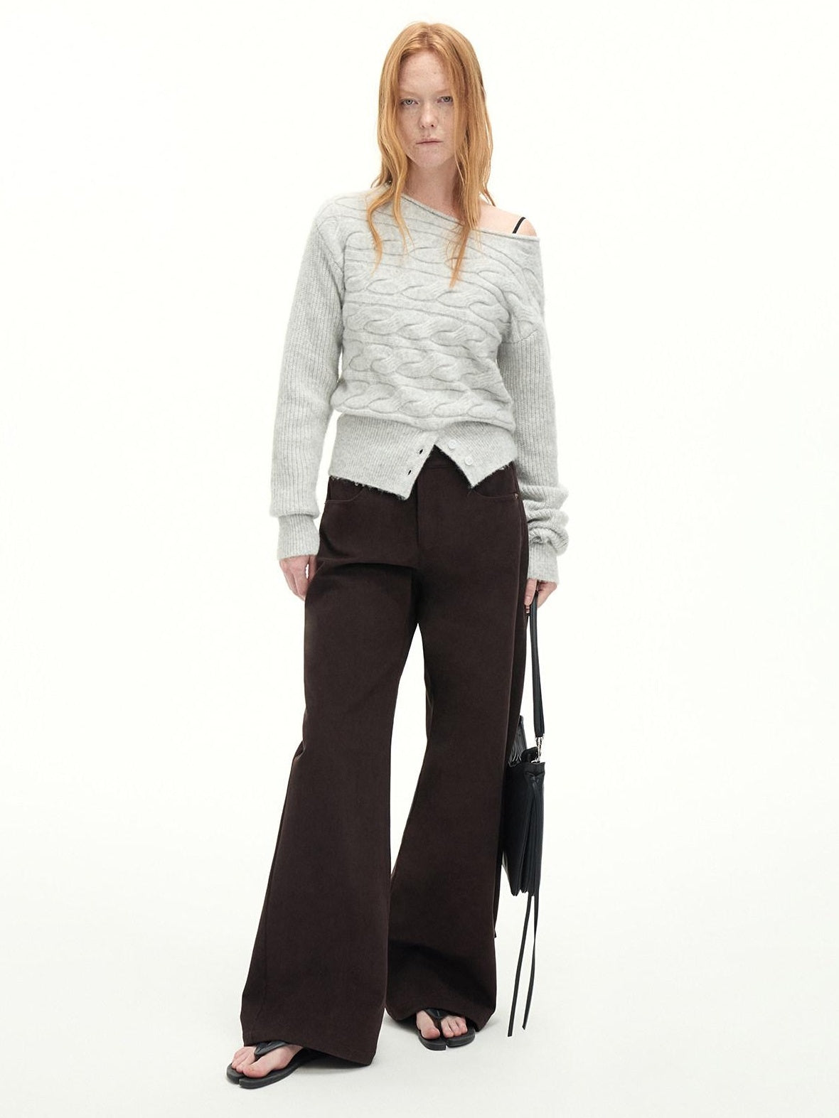 RUN TO THE FUTURE Casual Mid Low Waist Zip Fly Polyester Women Deep Brown Wide-Leg Pants