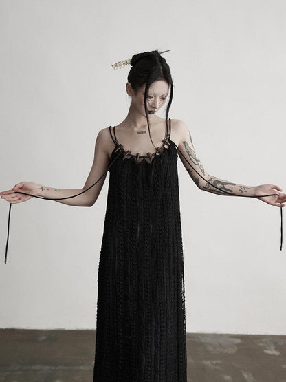 INDULGE Sleek Dark Goth Lace Ribbon H Natural Waist Black Nylon Slip Maxi Dresses
