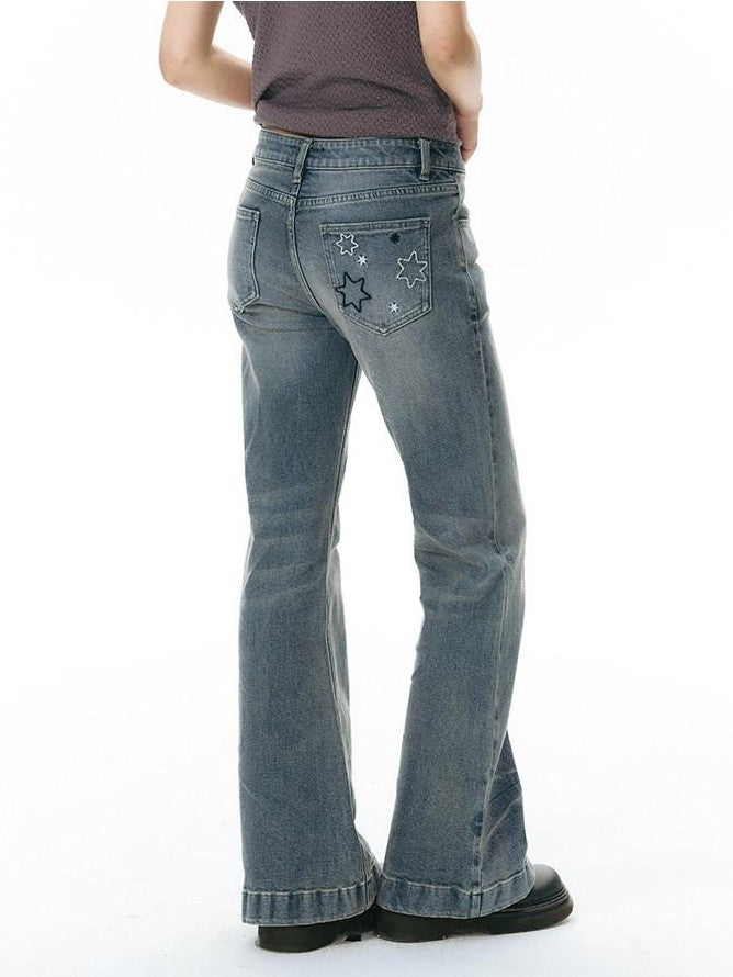 NAPSNAPS Washed Blue Star Embroidered Low Waist Micro Flare Women&
