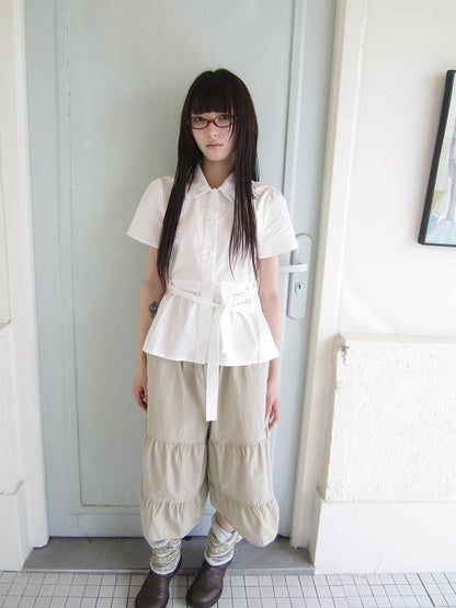 ang project Korean Turn Down Collar Single Button Tie Waist Women&
