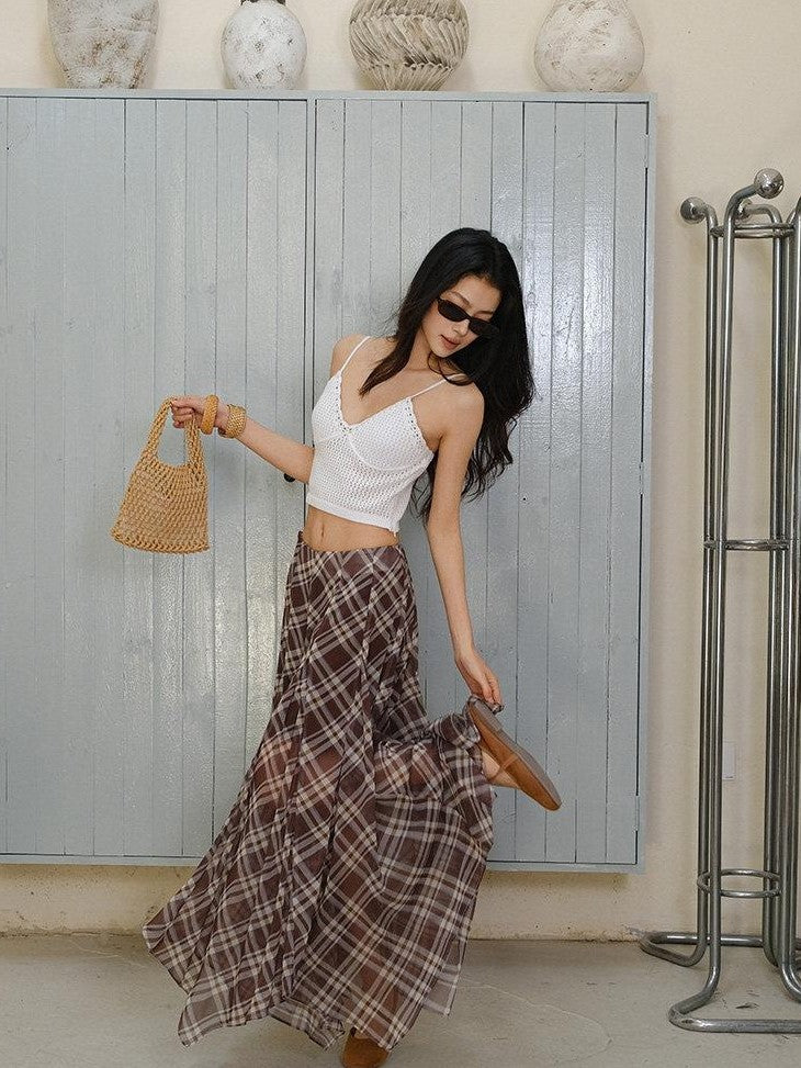 FU FRESH UP Vintage Plaid Print Irregular A Line High Waist Women&
