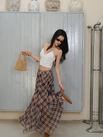 FU FRESH UP Vintage Plaid Print Irregular A Line High Waist Women&
