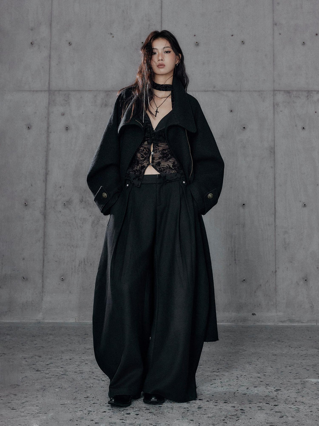 Low pixel Black Wool Blend Low Rise Zipper Casual Straight Hem Women Wide Leg Pants