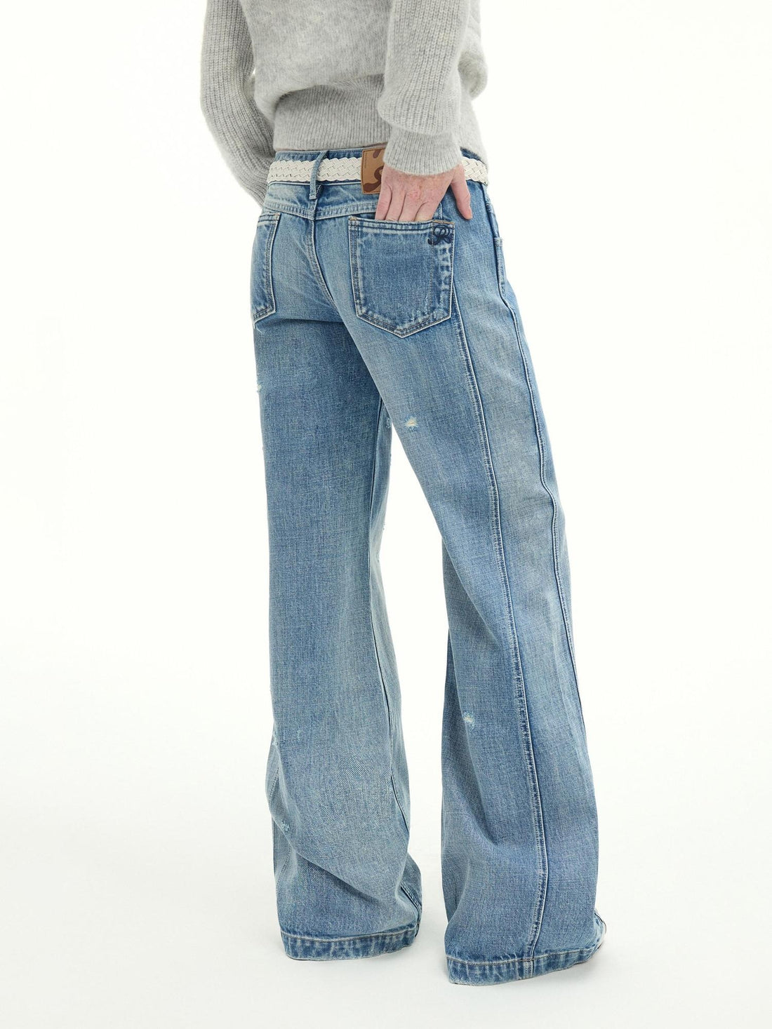 RUN TO THE FUTURE Vintage Washed Flared Cotton Natural Waist Women Blue Wide-Leg Jeans