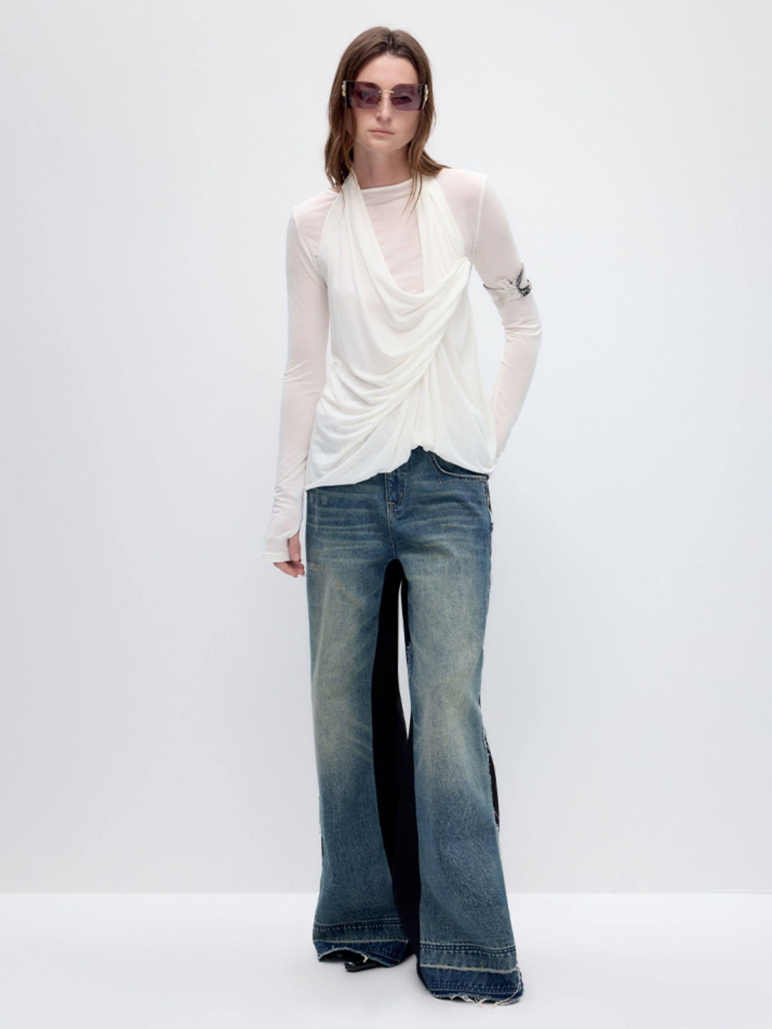 RUN TO THE FUTURE Tencel Wool Blend Pleated Commuter Slim Solid Milk White Long Sleeve T-Shirts