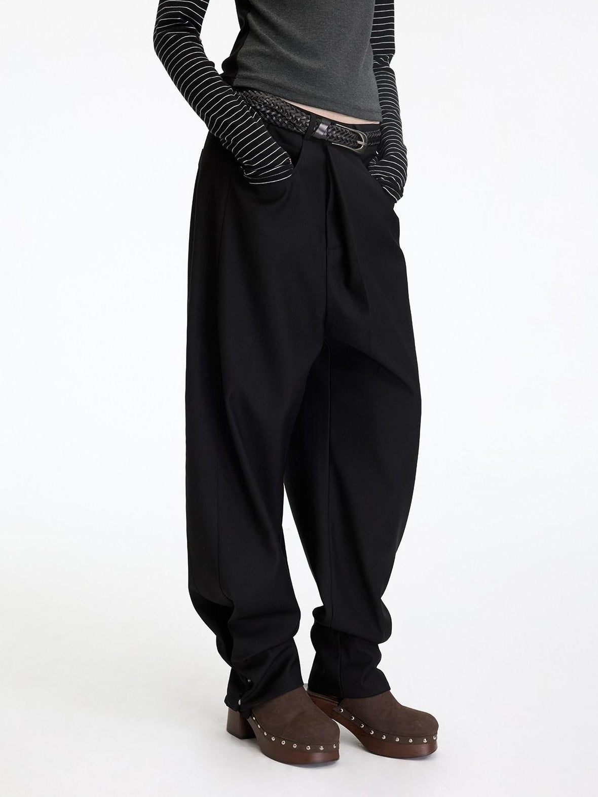 RUN TO THE FUTURE Comfortable Low Rise Minimalist Unisex Black Polyester Wide-Leg Pants