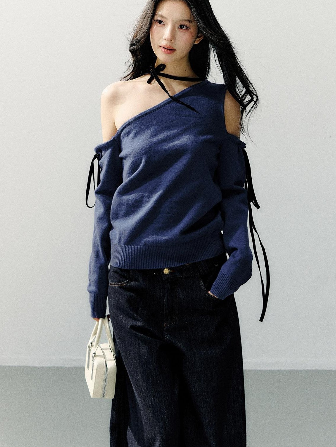 7Shiftin Cozy Casual Loose Backless Women Knit Pullover Blue Long Sleeve Sweaters