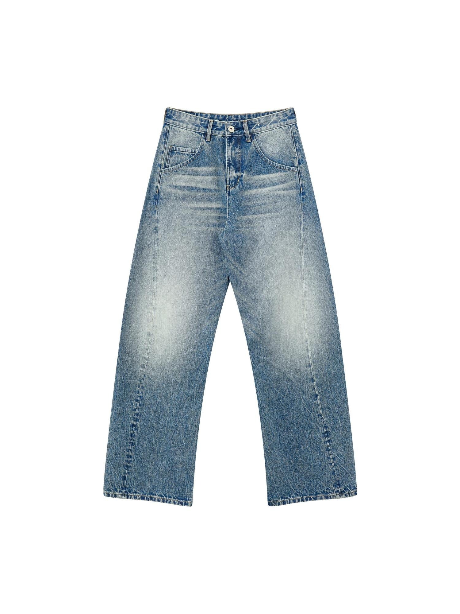RUN TO THE FUTURE Washed Cotton Casual Natural Waist Topstitch Women Denim Blue Wide-Leg Jeans