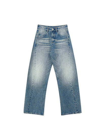 RUN TO THE FUTURE Washed Cotton Casual Natural Waist Topstitch Women Denim Blue Wide-Leg Jeans