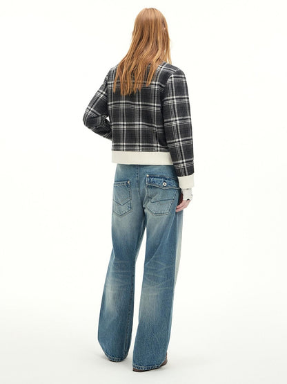 RUN TO THE FUTURE Washed Cotton Casual Natural Waist Topstitch Women Denim Blue Wide-Leg Jeans