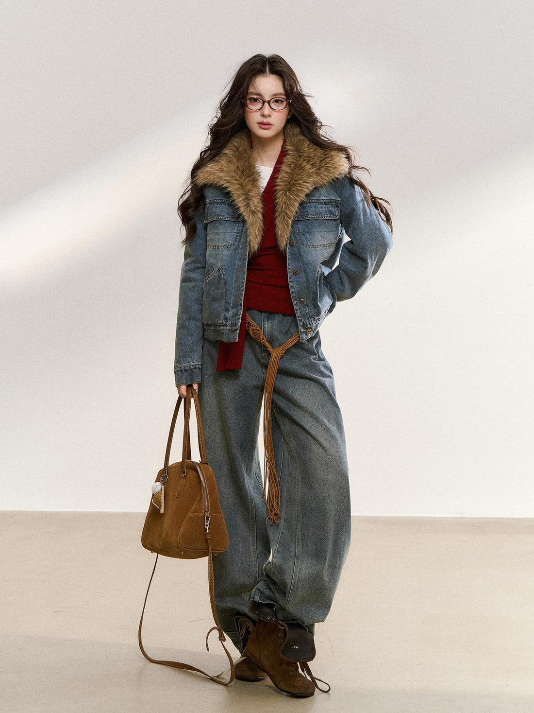 7Shiftin Warm Detachable Fur Collar Casual Cropped Women Long Sleeve Denim Jackets