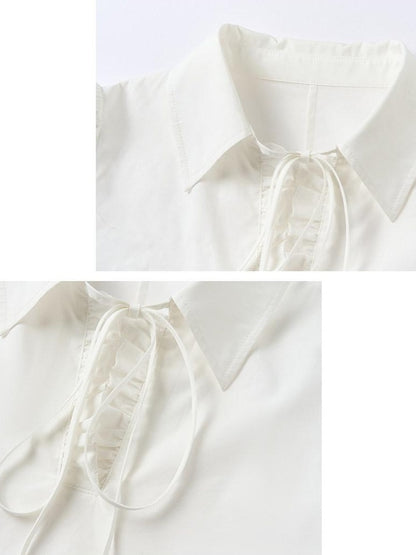 OuttheBlue Lightweight Cotton Lyocell High Waist Tie Casual Puff Sleeves Women Blouses