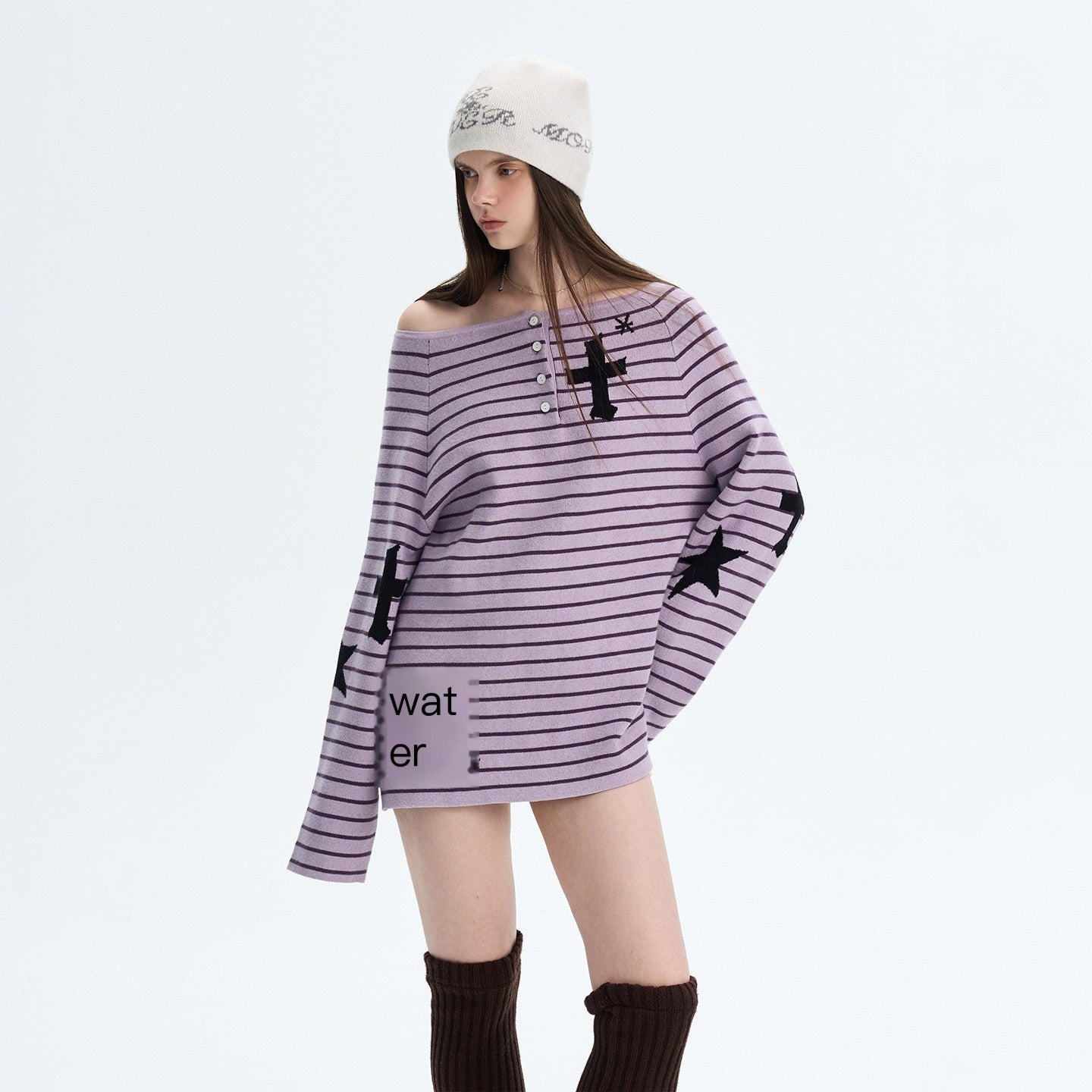 The NeverMore Sexy Colorblock Oversized Crewneck Short Striped Button Pullover Women Sweaters