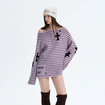The NeverMore Sexy Colorblock Oversized Crewneck Short Striped Button Pullover Women Sweaters