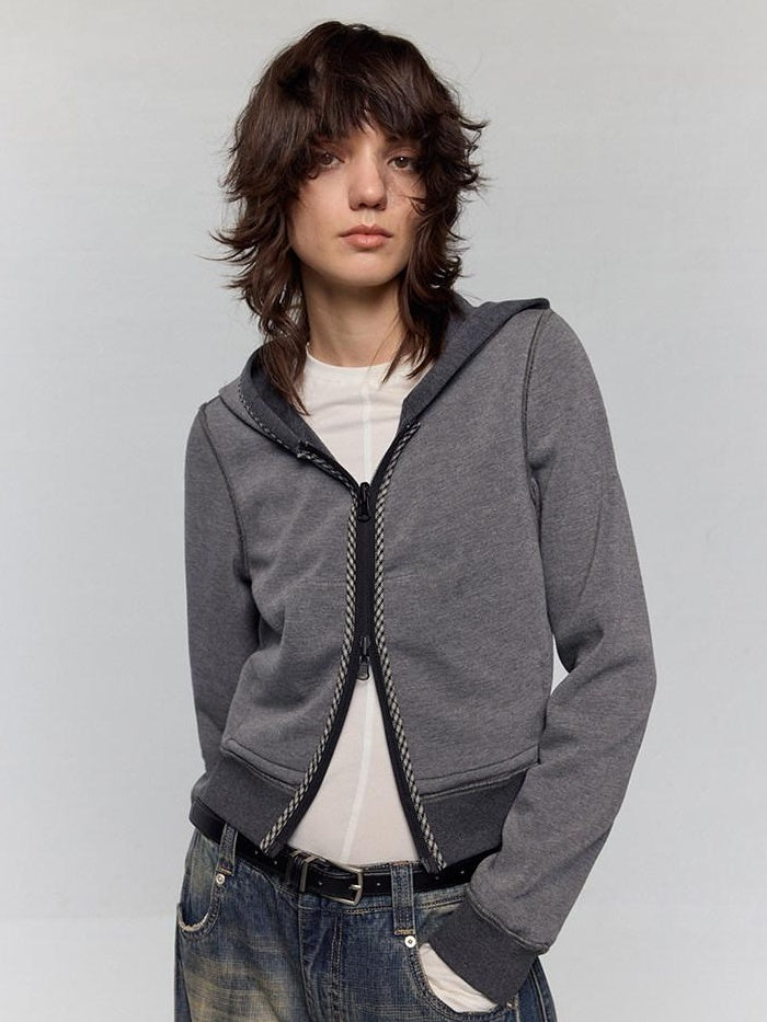 RUN TO THE FUTURE Slim Cropped Zip Hooded Pocket Commuter Vintage Gray Women Hoodies