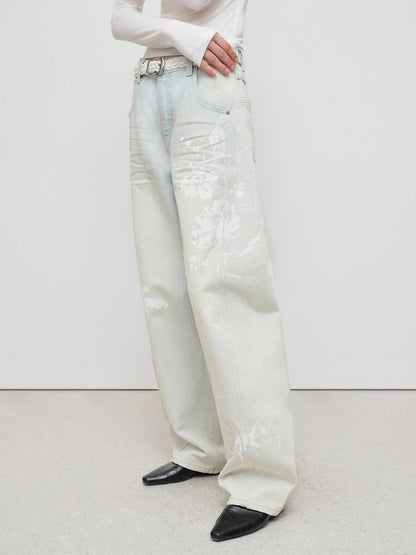 RUN TO THE FUTURE Vintage Light Blue Floral Cotton Loose Casual Womens Zipper Fly Wide-Leg Jeans