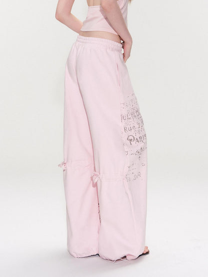 The NeverMore Soft Cotton Letter Print Natural Waist American Style Women Wide Leg Pants
