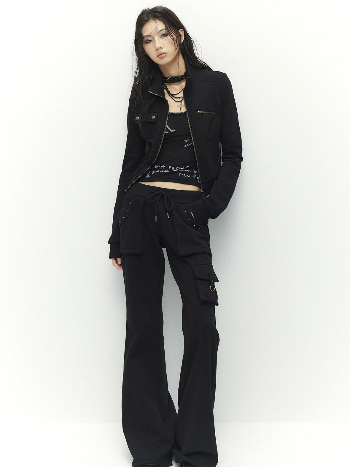 Low pixel Studded Slim Fit Zip Front Stand Collar Thick Cotton Black Top &amp; Pants Sets