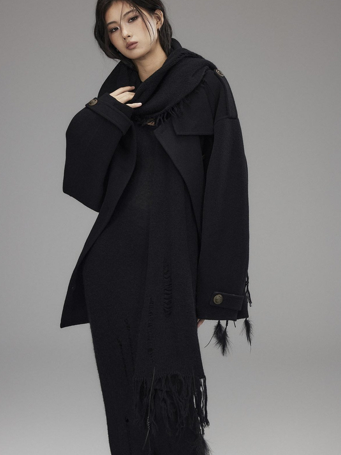 Low pixel Waist Defining Wool Knit Tassel Casual Long Sleeve Round Neck Black Maxi Dresses