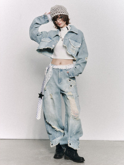 Frustration Garden Light Blue Washed Distressed Ripped Frayed Hem Women&