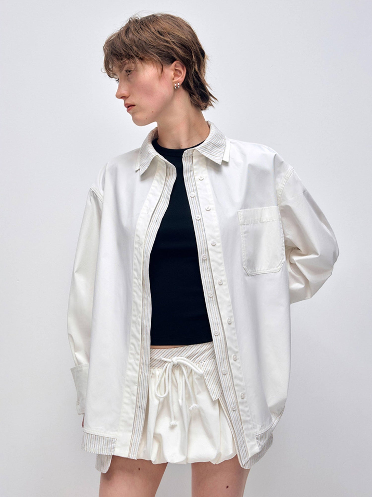 RUN TO THE FUTURE Cotton Long Sleeve Polo Button Minimalist Two Piece Women Antique White Shirts