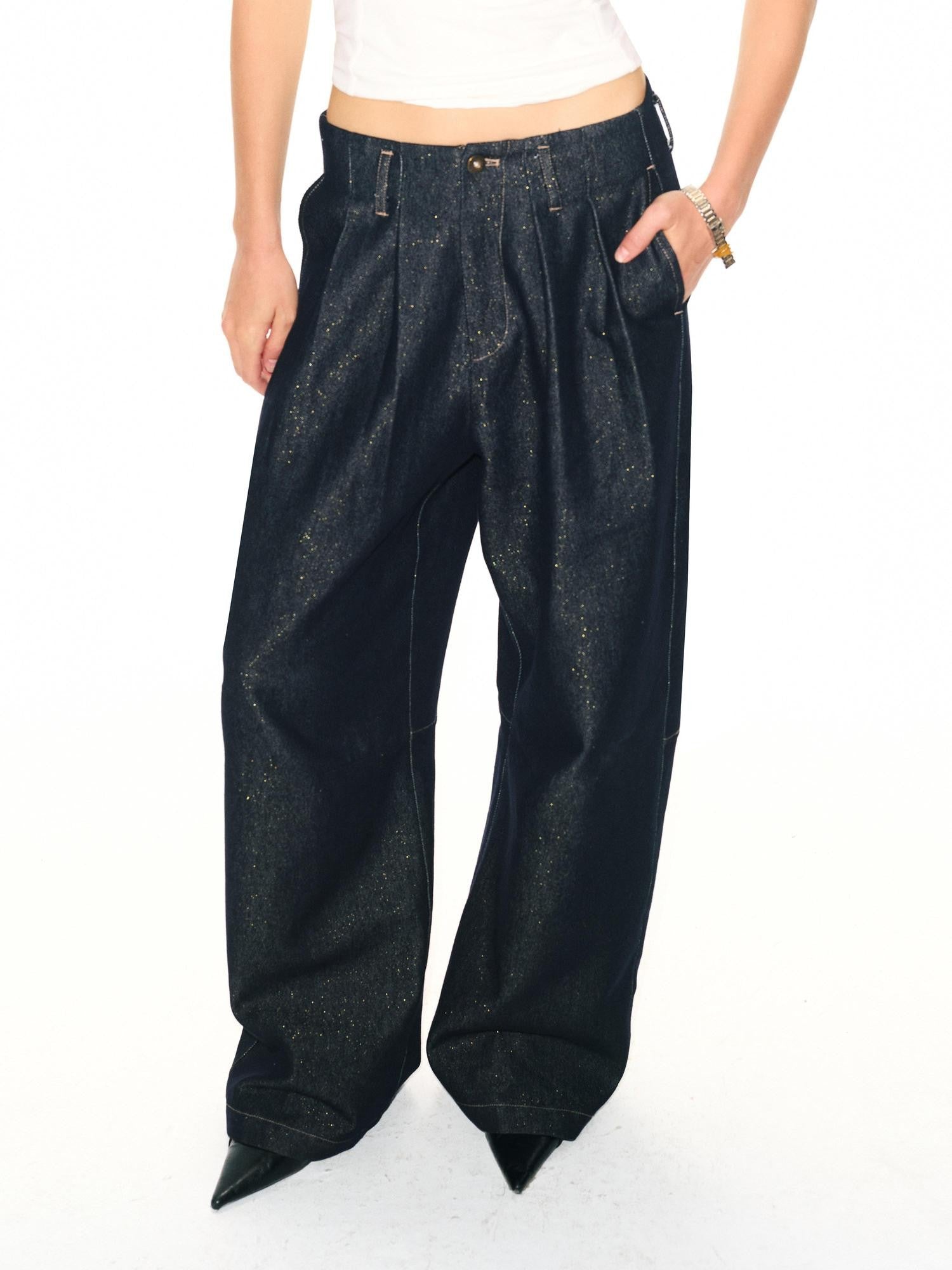 2th Desire Shimmer Contrast Stitching High Waist Button Women&
