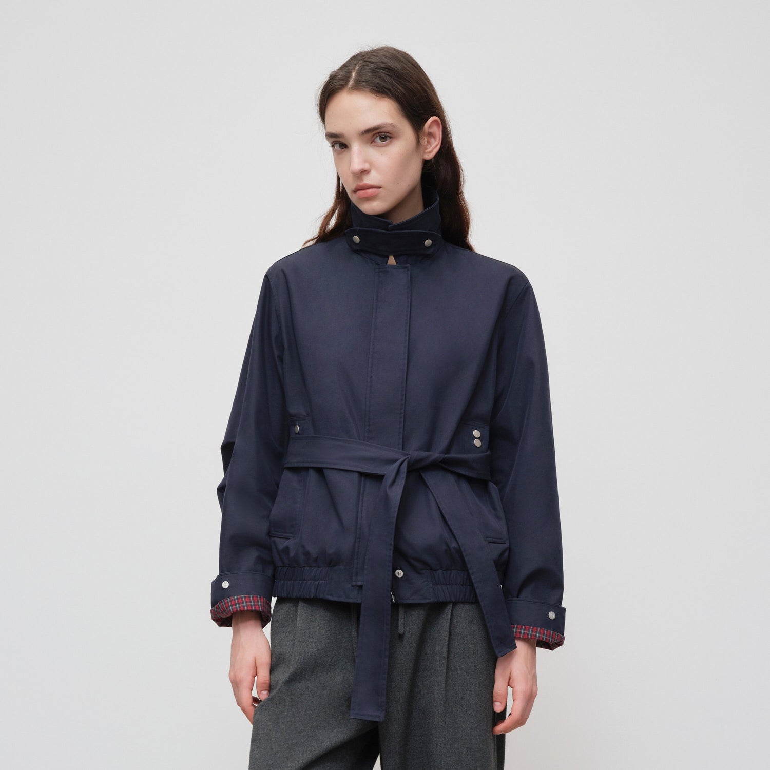 RUN TO THE FUTURE Windproof Lightweight American Loose Fit Plaid Zip Navy Women Windbreakers