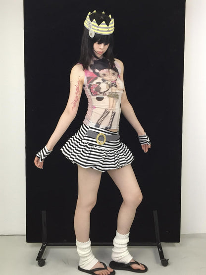 Ttsunami Black White Striped Pleated Ruched Low Waist Puff Women&