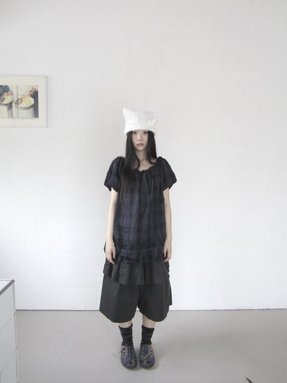 ang project Navy Plaid Lace Trim Ruffle Edge Puff Sleeve Women&