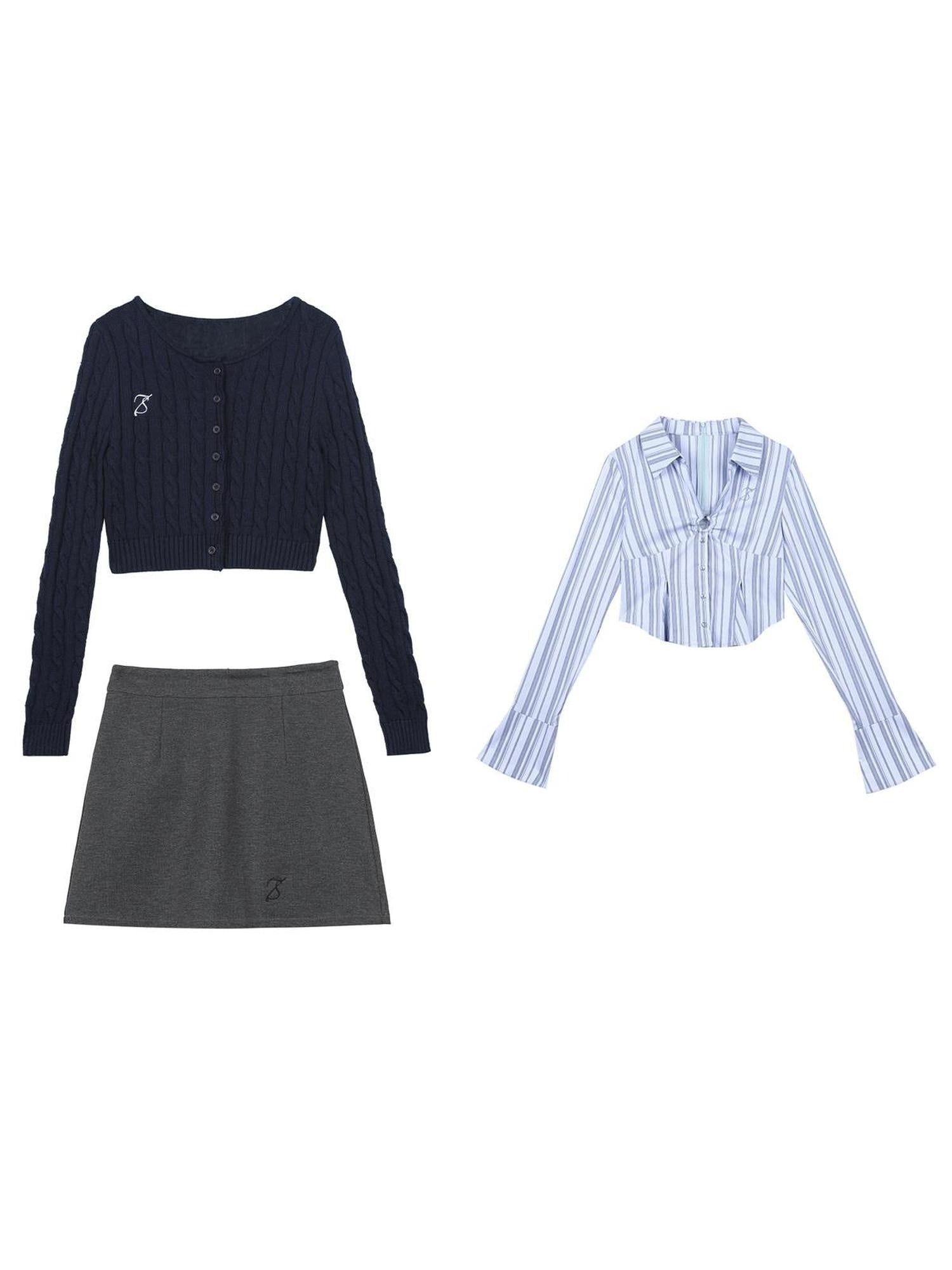 7Shiftin Crop Two Piece Casual Short Length Layered Set For Women Blue White Shirts